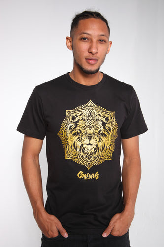Cooyah Jamaica. Men's black Lion Mandala tee with gold graphics. Jamaican streetwear clothing brand.