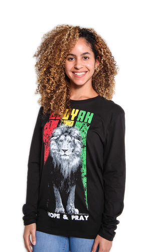 Cooyah Jamaica. Women's long sleeve Rasta Lion black Tee Shirt, Ring Spun, Crew Neck, Jamaican streetwear clothing - Reggae Style, IRIE