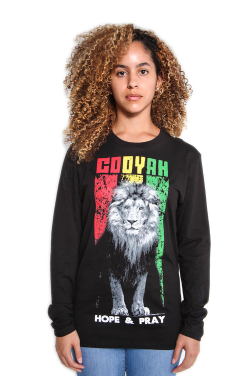 Cooyah Jamaica. Women's long sleeve Rasta Lion black Tee Shirt, Ring Spun, Crew Neck, Jamaican streetwear clothing - Reggae Style, IRIE