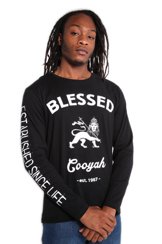 Cooyah Jamaica.  Men's Lion of Judah Long Sleeve crew neck graphic tee with Blessed graphic.  Jamaican clothing with Caribbean streetwear style.