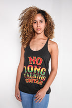 Load image into Gallery viewer, Cooyah Jamaica. Women&#39;s No Long Talking racerback tank top in rasta colors. Jamaican clothing brand.
