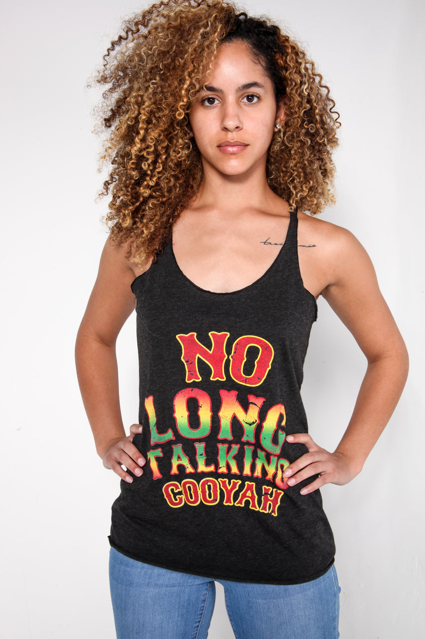 Cooyah Jamaica.  Women's No Long Talking racerback tank top in reggae colors.  Jamaican clothing brand.