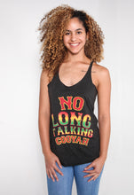 Load image into Gallery viewer, Cooyah Jamaica. Women&#39;s No Long Talking racerback tank top in reggae colors. Jamaican clothing brand.
