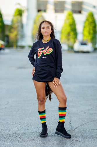 Cooyah Jamaica long sleeve Women's black Tee Shirt, Ring Spun, Crew Neck, Street Wear Reggae Style, IRIE RASTA