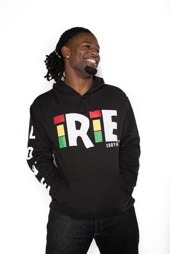 Cooyah Clothing.  Men's Irie Jamaica hoodie in black.  Screen printed design in reggae colors.  Jamaican streetwear clothing.
