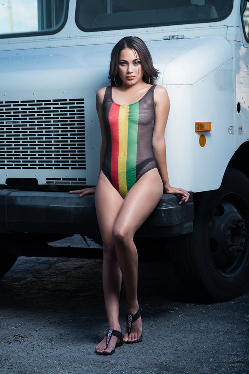 COOYAH Jamaica. Women's mesh bodysuit in reggae colors. Jamaican Dancehall Clothing.