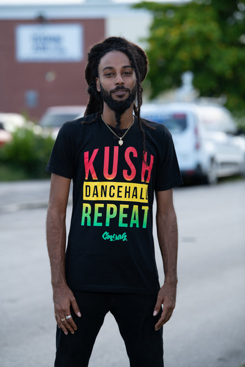 Cooyah Jamaica. Men's Kush, Dancehall graphic tee in black. Screen printed with reggae colors design. Jamaican Clothing Brand. IRIE