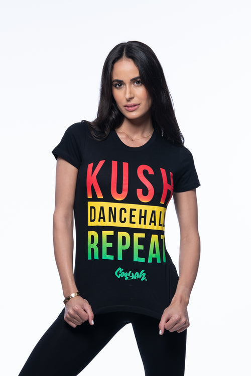 Cooyah Jamaica. Women's Kush, Dancehall graphic tee in black. Screen printed with rasta colors design. Jamaican Clothing Brand. IRIE