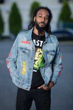 Cooyah Jamaica. Men's denim jacket with Rasta Lion design. Handprinted design. Reggae rootswear clothing brand. IRIE