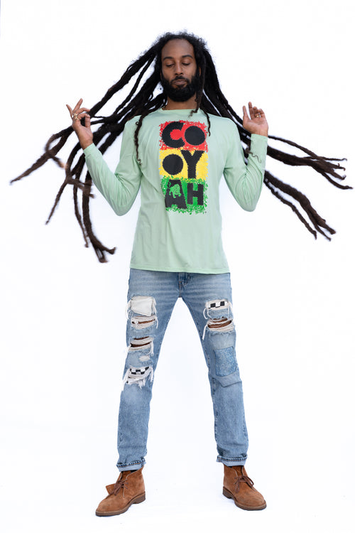 Cooyah Jamaica Graphic Long Sleeve UPF 50+ Sun Shirt in mint green with rasta colors screen print. Jamaican beachwear clothing