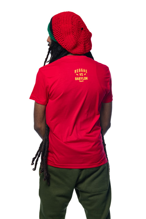 Reggae VS Babylon.  Men's graphic tee in red. Cooyah Jamaica. Men's short sleeve Reggae t-shirt. Ringspun, crew neck shirt. Jamaican streetwear clothing. IRIE