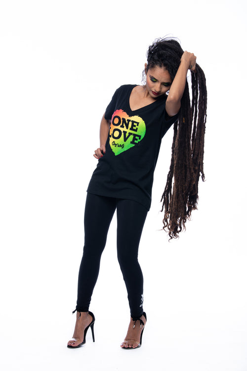 Cooyah Jamaica One Love women's V-Neck Short sleeve t-shirt screen printed heart in reggae colors. Jamaican beachwear rootswear clothing.