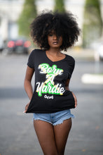 Load image into Gallery viewer, Cooyah Born a Yardie Jamaica women&#39;s v-neck graphic tee in black.
