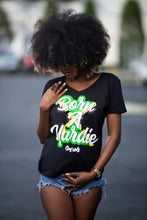 Load image into Gallery viewer, Cooyah Jamaican clothing brand, Born a Yardie women&#39;s v-neck graphic tee in black.
