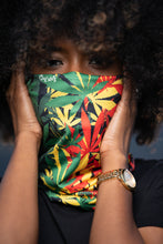 Load image into Gallery viewer, These Cooyah brand High Vibration gaiters are the perfect fit for outdoor activities.  They are multifunctional and can be worn as a scarf, headband, or mask to keep dust from your face.  Reggae Cannabis leaves design in rasta colors
