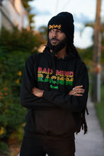 Load image into Gallery viewer, Say no to racism and represent strength, courage, and confidence in the Rasta Bad Mind pullover hoodie.  Each hoodie is hand-printed with reggae colors.  The pullover silhouette offers a front kangaroo pocket with soft fabric.  This design is also available in short sleeve t-shirts.  
