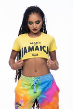 Load image into Gallery viewer, Cooyah Clothing. Made in Jamaica women&#39;s yellow crop top graphic tee with black print. Ringspun cotton, short sleeve, crew neck t-shirt. Jamaican clothing brand.

