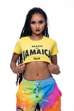 Load image into Gallery viewer, Cooyah Clothing. Made in Jamaica women&#39;s yellow crop top with black print. Ringspun cotton, short sleeve, crew neck t-shirt. Jamaican clothing brand.
