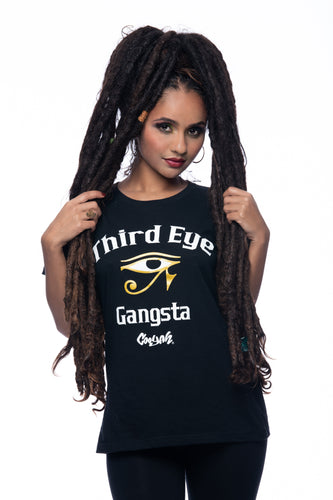 Cooyah Jamaica. Women's black Third Eye Gangsta tee. Short sleeve, ringspun cotton. Jamaican clothing brand.
