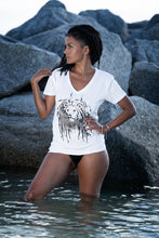 Load image into Gallery viewer, Cooyah Jamaica.  Women&#39;s v-neck Rasta Dread Lion Tee in white.  Ringspun cotton.  Jamaican clothing brand.
