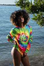 Load image into Gallery viewer, Cooyah Jamaica. This colorful Irie tie-dye UV protected hoodie is great for the beach and traveling - helps you stay cool and protected year-round! Jamaican beachwear clothing brand.
