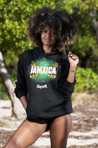 Cooyah Jamaica women's hoodie in black.  Featuring a Jamaican Flag graphic.  Caribbean clothing brand.  IRIE Vibes
