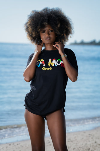 Cooyah Jamaica.  Women's short sleeve tee with Yea Mon graphic. Reggae style. Jamaican beachwear band. IRIE