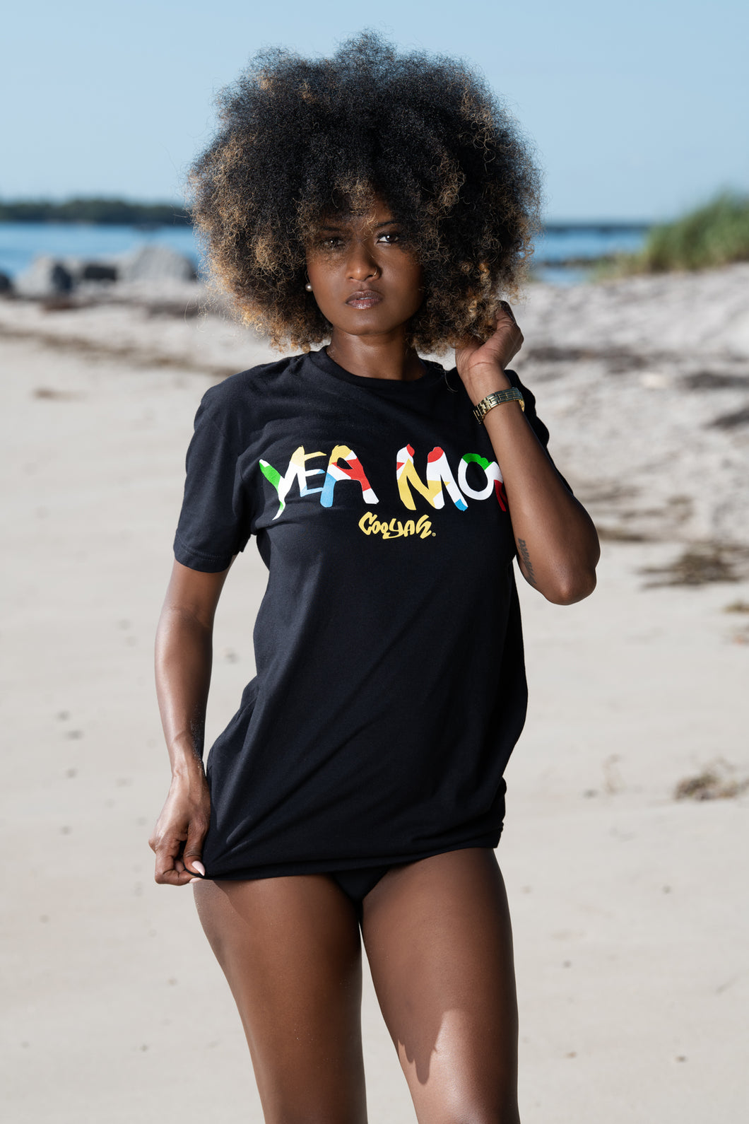 Cooyah Jamaica. Women's short sleeve tee with Yea Mon graphic. Reggae style. Jamaican beachwear band. IRIE