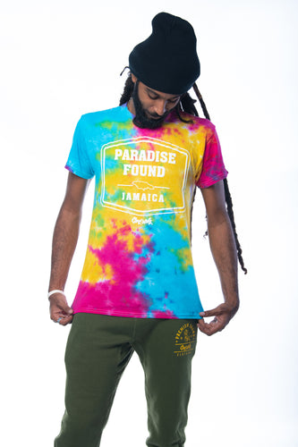 Cooyah Clothing.  Men's tie-Dye graphic tee with Paradise Found Jamaica Design.  Ringspun cotton, short sleeve, crew neck.  Jamaican reggae brand.