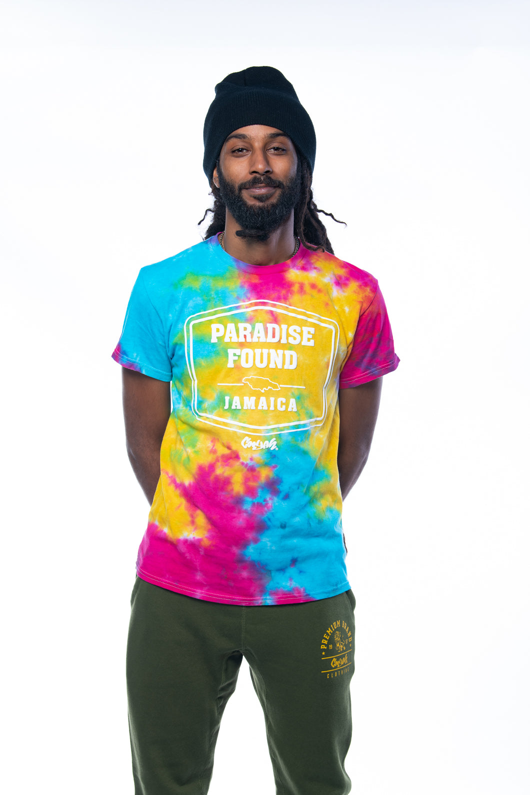 Cooyah Clothing. Men's tie-Dye graphic tee with Paradise Found Jamaica Design. Ringspun cotton, short sleeve, crew neck. Jamaican reggae brand.