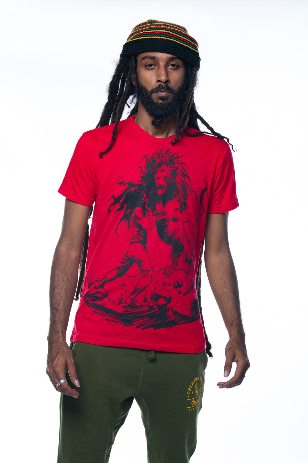 Cooyah Jamaican clothing brand,  Dread and Lion men's red graphic tee. Rasta man with dreads artwork screen printed design on soft, 100% ringspun cotton.