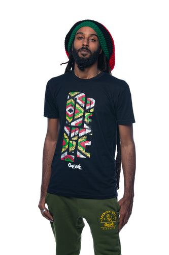 Cooyah Jamaica. One Love Africa Print graphic tee. Men's short sleeve, ringspun cotton tee in black. Jamaican clothing brand.