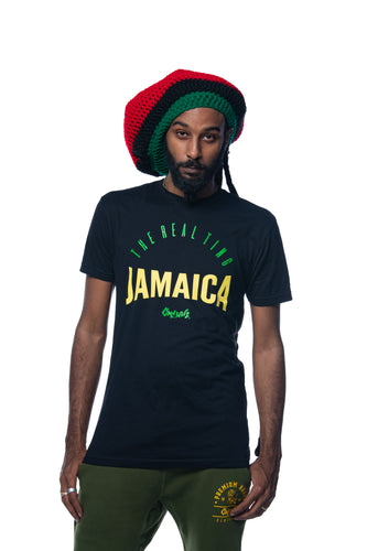 Cooyah Clothing.  Real Ting Jamaica graphic tee.  Men's short sleeve, ringspun cotton, black t-shirt. Jamaican clothing brand.