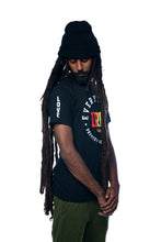 Load image into Gallery viewer, Cooyah Jamaica Everything Irie men&#39;s short sleeve graphic tee with reggae colors.  Love design screen printed on the sleeve.   Jamaican clothing brand.
