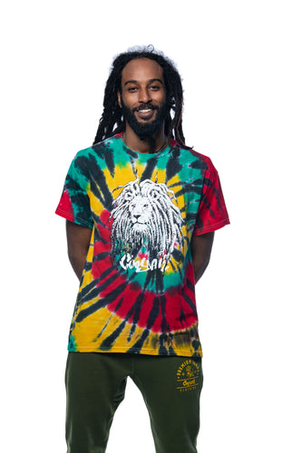 Cooyah Jamaica.  Men's reggae tie-dye shirt with Rasta Lion with dreads graphic.  Jamaican rootswear clothing.