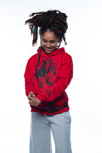 Load image into Gallery viewer, Cooyah rootswear women&#39;s rasta hoodie with Dread and Lion graphic in red. Jamaican streetwear clothing.
