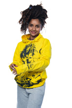 Load image into Gallery viewer, Cooyah rootswear women&#39;s rasta hoodie with Dread and Lion graphic in yellow. Jamaican streetwear clothing.
