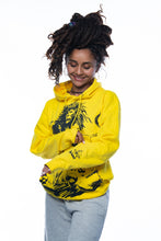 Load image into Gallery viewer, Cooyah rootswear women&#39;s yellow rasta hoodie with Dread and Lion graphic. Jamaican streetwear clothing.
