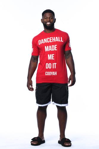 Cooyah Clothing.  Men's red crew neck tee.  Dancehall Made Me Do It.  Jamaican Streetwear clothing. 
