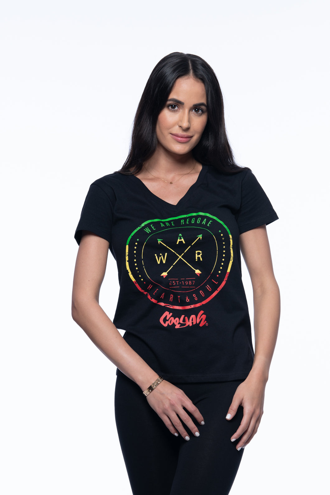 Cooyah Jamaica.  We Are Reggae T-Shirt.  Women's short sleeve, v-neck, tee with rasta colors graphics.  Jamaican clothing brand.  IRIE