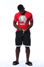 Load image into Gallery viewer, Cooyah Jamaica. Men&#39;s Rasta Lion with Dreads graphic tee in red. Jamaican reggae clothing brand.
