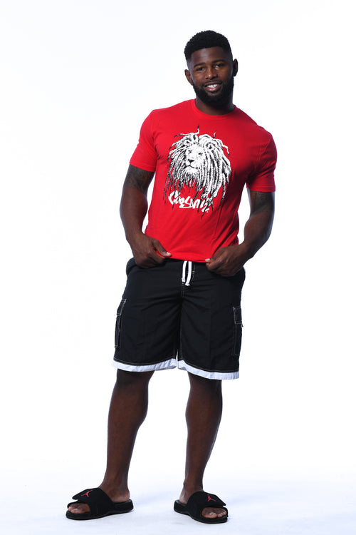 Cooyah Jamaica. Men's Rasta Lion with Dreads graphic tee in red. Jamaican reggae clothing brand.