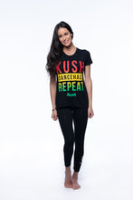 Load image into Gallery viewer, Cooyah Jamaica. Women&#39;s Kush, Dancehall graphic tee in black. Screen printed with rasta colors design. Jamaican Clothing Brand. IRIE

