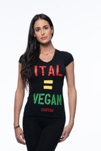 Load image into Gallery viewer, Cooyah Jamaica graphic tee in black. Women&#39;s v-neck, short sleeve t-shirt. Jamaican clothing brand.  Ital Equals Vegan
