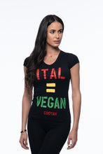 Load image into Gallery viewer, Cooyah Jamaica graphic tee in black. Women&#39;s v-neck, short sleeve t-shirt. Jamaican clothing brand. Ital Equals Vegan
