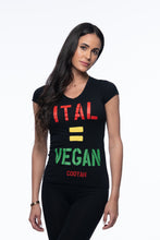 Load image into Gallery viewer, Cooyah Jamaica graphic tee in black. Women&#39;s v-neck, short sleeve t-shirt. Jamaican clothing brand. Ital Equals Vegan
