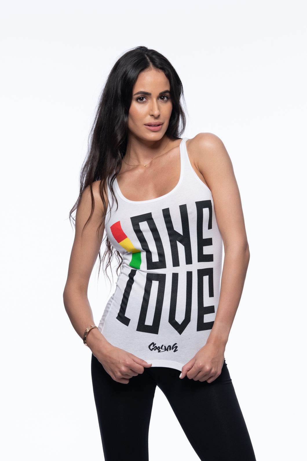Cooyah Jamaica. Women's One Love Tank Top in white. Screen printed reggae style graphics in rasta colors. Jamaican clothing brand.