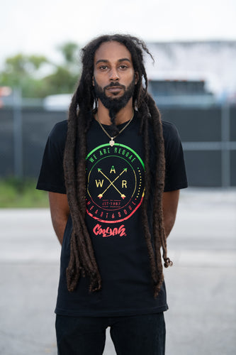 We Are Reggae men's graphic tee by Cooyah Jamaica.  Short sleeve, crew neck, soft ringspun cotton.  Black shirt with rasta color screen print.  Jamaican streetwear clothing brand.