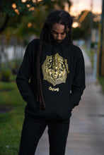 Load image into Gallery viewer, Cooyah Clothing black Lion Mandala hoodie with gold print.  Jamaican streetwear clothing. 

