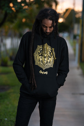 Black hoodie with gold metallic Lion Mandala design by Cooyah Clothing
